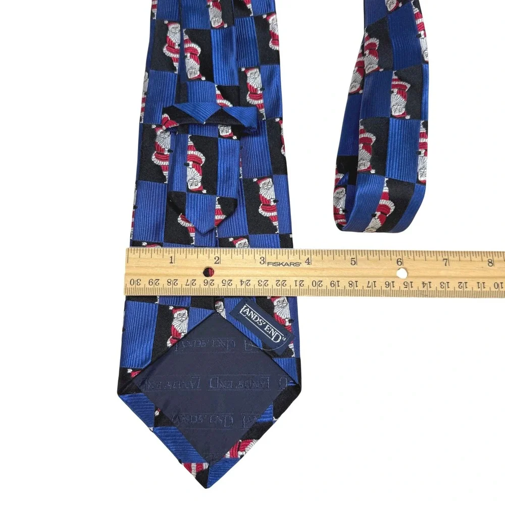 Lands End Mens Silk Necktie Blue Black Santa Claus Checkered Christmas Holiday
